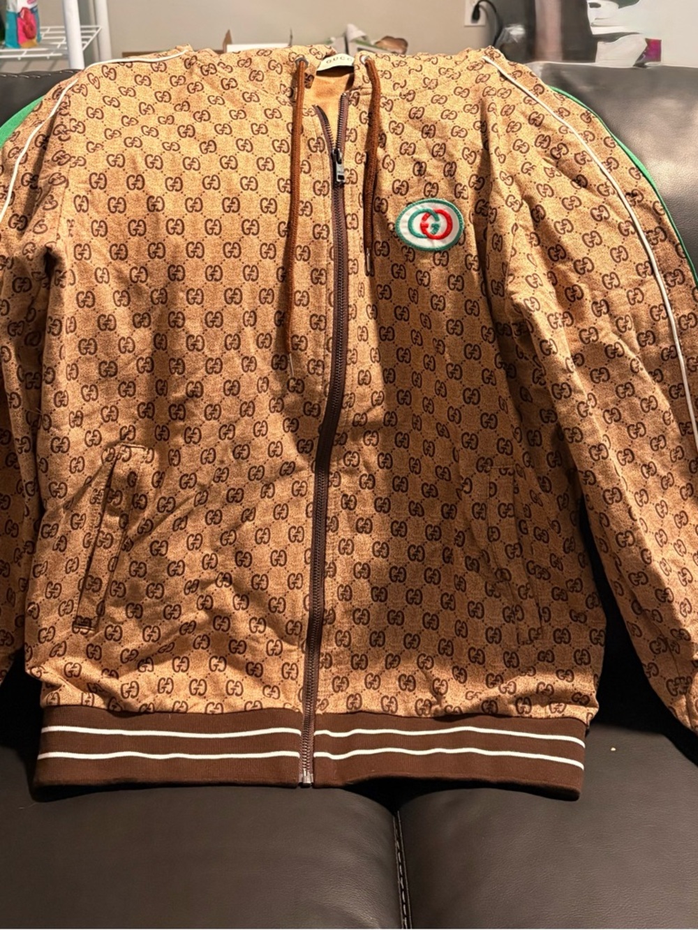 Gucci Brown GG Monogram Zip-Up Hoodie Vest with Red & Green Patch - Picture 2 of 8